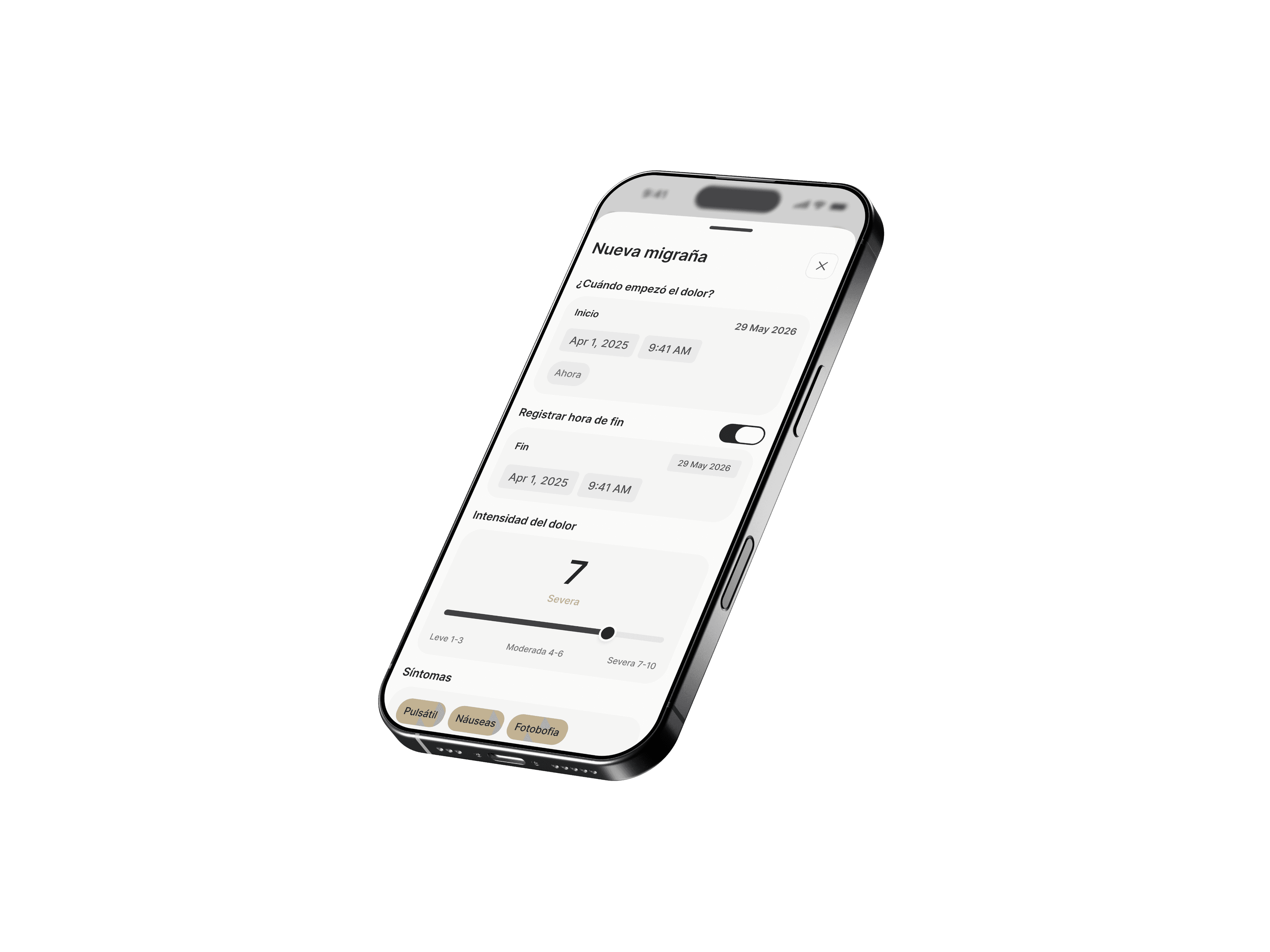 Pantalla de Keluma para registrar un episodio de migraña, en un iPhone