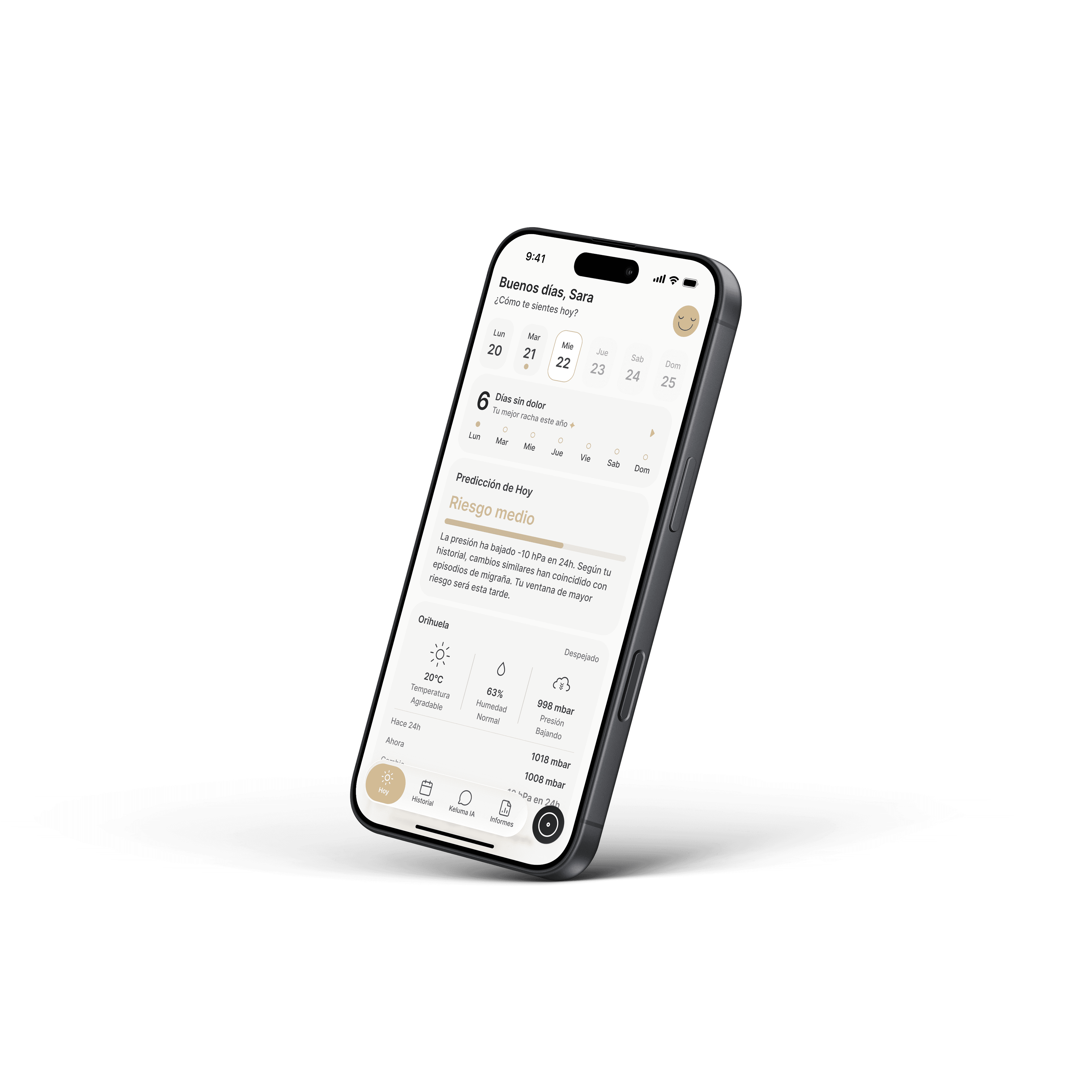 Mockup de Keluma en un iPhone mostrando el registro de una migraña