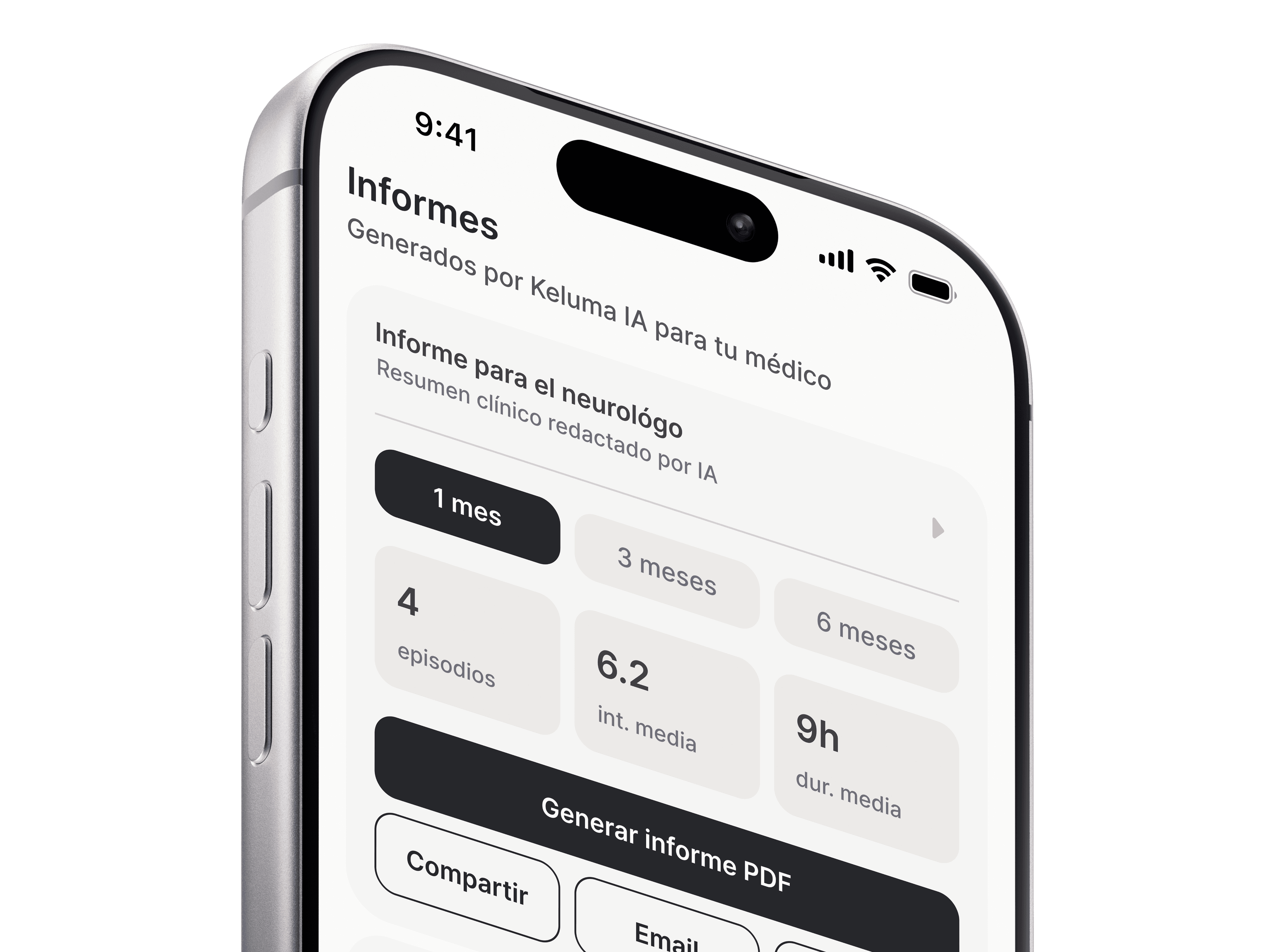 Vista de informes de Keluma con estadísticas personales