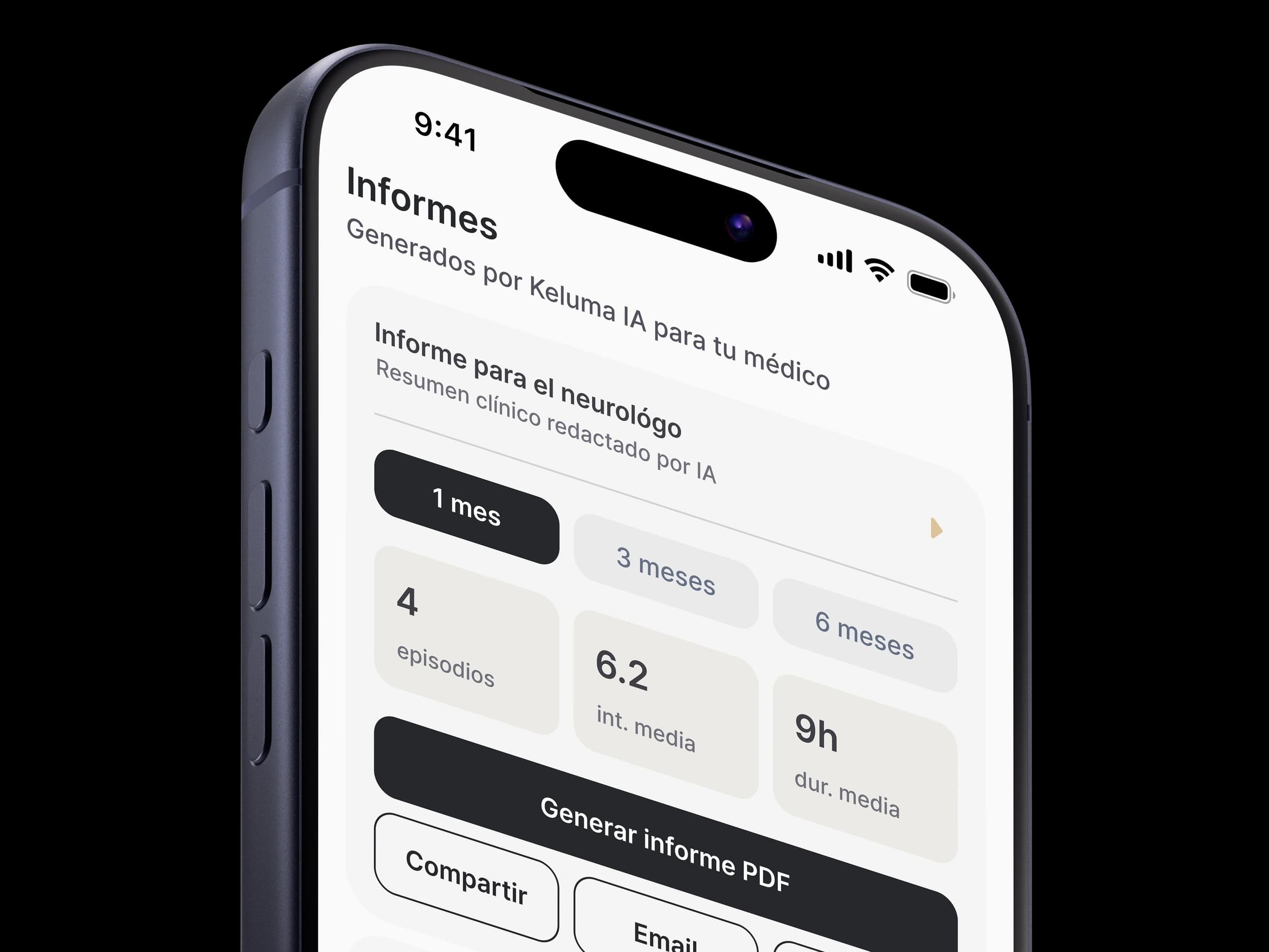 Vista de informes de Keluma con estadísticas personales