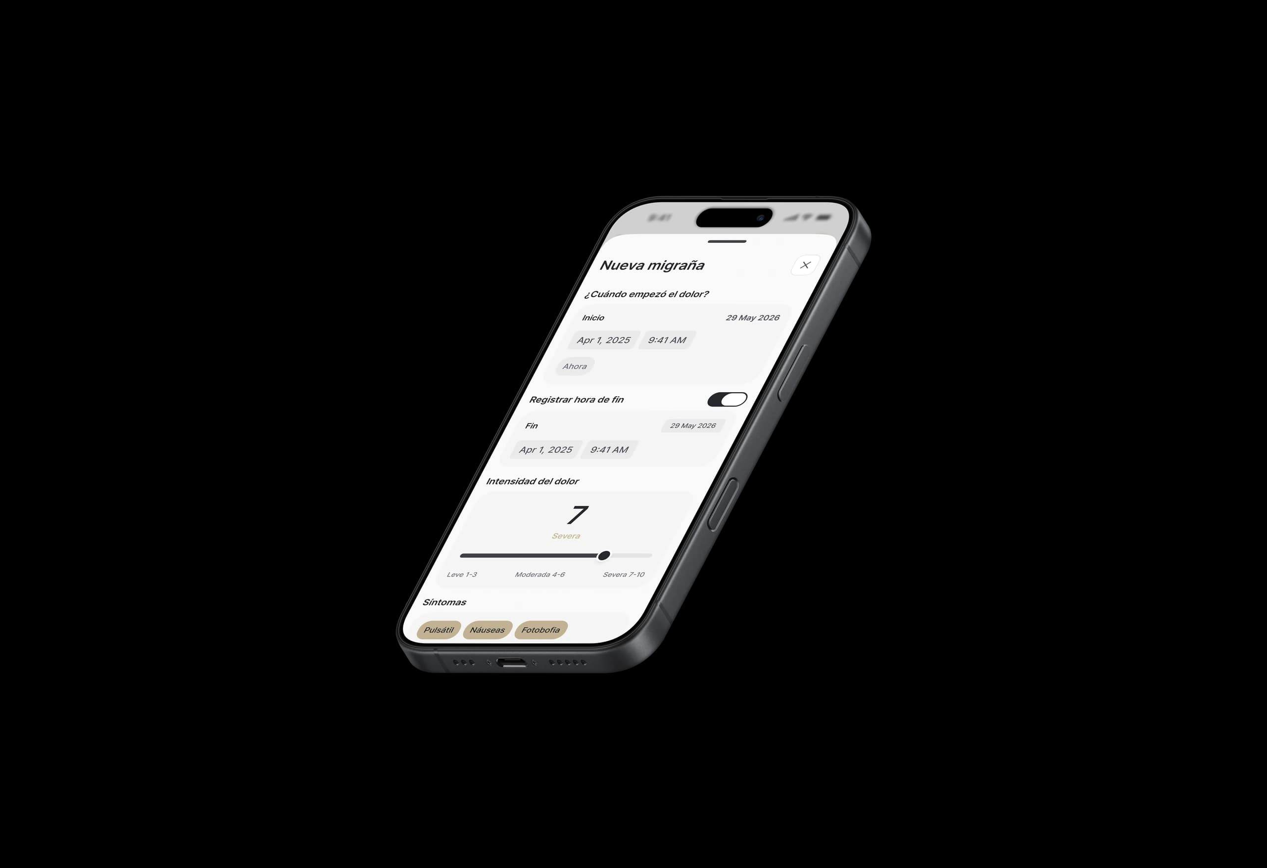 Pantalla de Keluma para registrar un episodio de migraña, en un iPhone